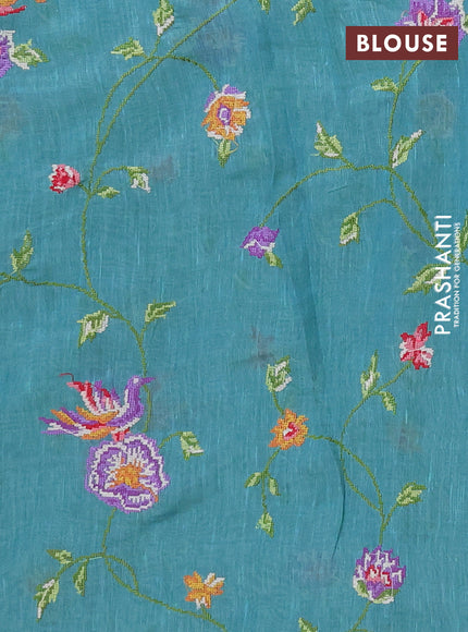 Art linen saree teal blue with allover convent embroidery buttas and embroidery border