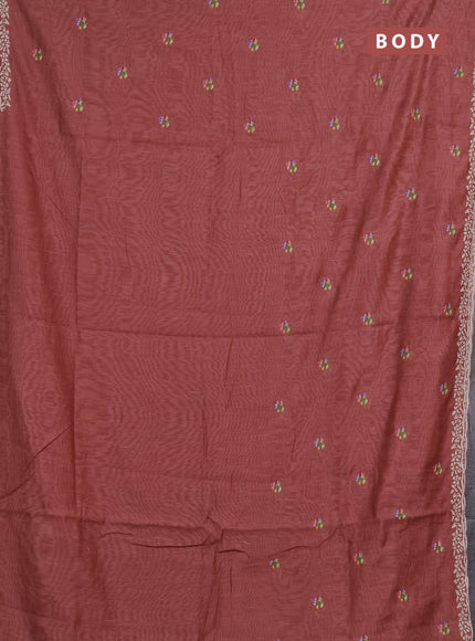 Art linen saree dark peach with allover convent embroidery buttas and embroidery border