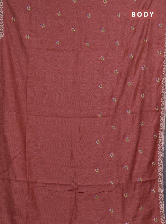 Art linen saree dark peach with allover convent embroidery buttas and embroidery border