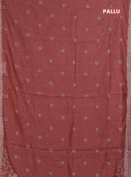 Art linen saree dark peach with allover convent embroidery buttas and embroidery border