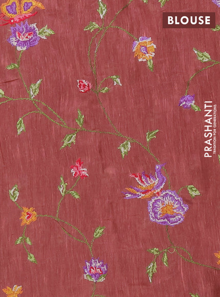 Art linen saree dark peach with allover convent embroidery buttas and embroidery border