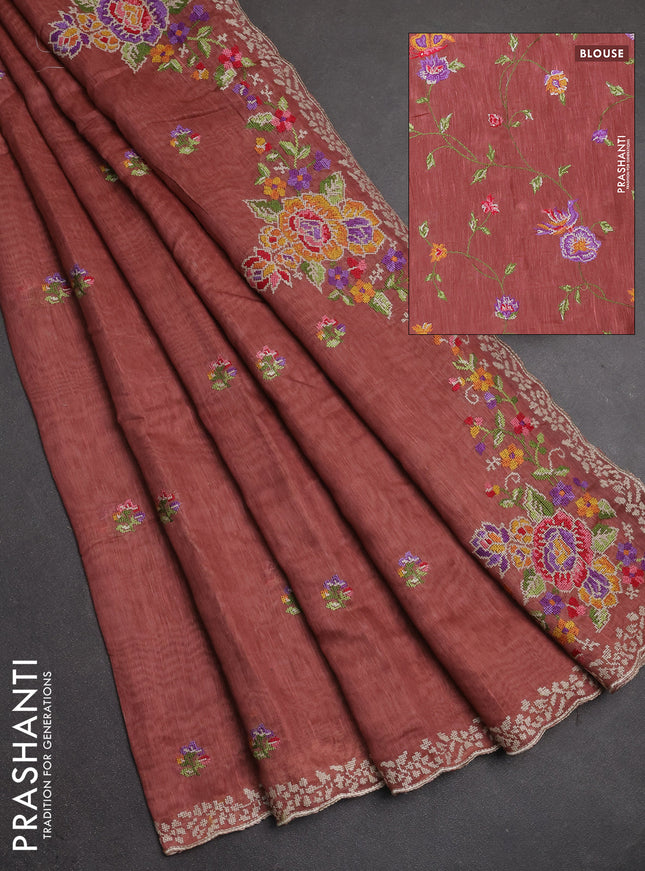 Art linen saree dark peach with allover convent embroidery buttas and embroidery border