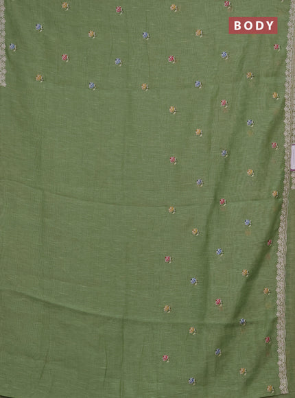 Art linen saree pastel green with allover convent embroidery buttas and embroidery border