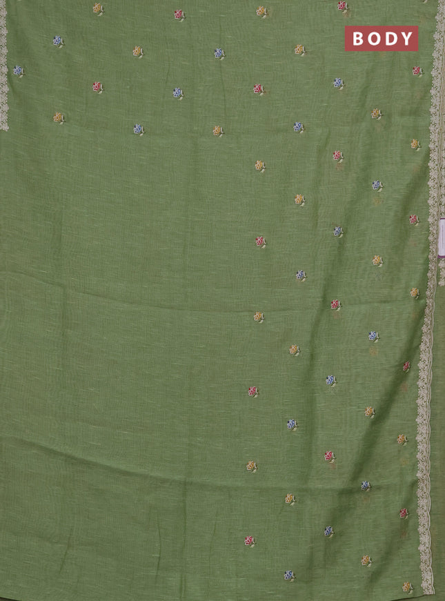 Art linen saree pastel green with allover convent embroidery buttas and embroidery border