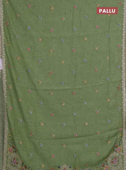 Art linen saree pastel green with allover convent embroidery buttas and embroidery border
