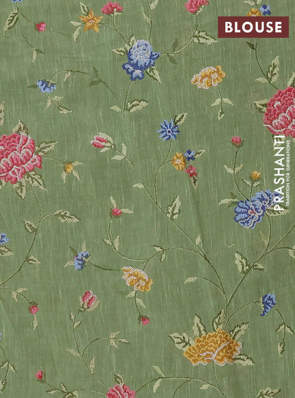 Art linen saree pastel green with allover convent embroidery buttas and embroidery border