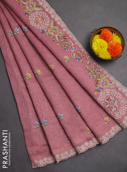 Art linen saree pastel pink with allover convent embroidery buttas and embroidery border