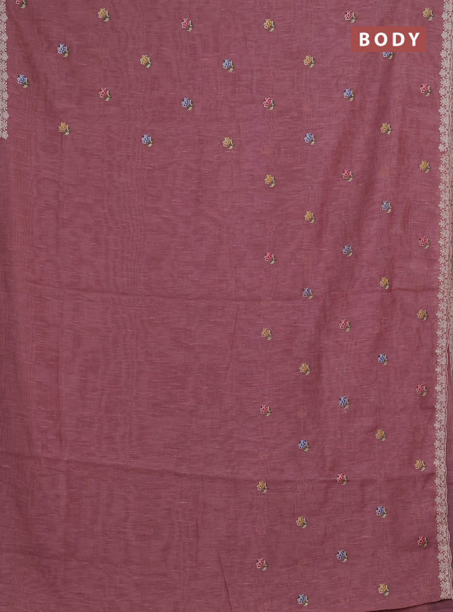 Art linen saree pastel pink with allover convent embroidery buttas and embroidery border