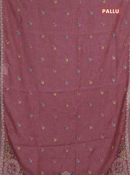 Art linen saree pastel pink with allover convent embroidery buttas and embroidery border