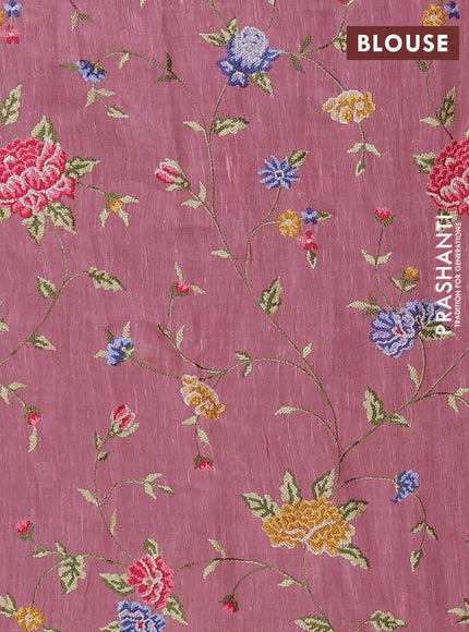 Art linen saree pastel pink with allover convent embroidery buttas and embroidery border