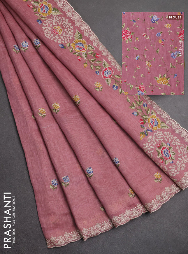 Art linen saree pastel pink with allover convent embroidery buttas and embroidery border