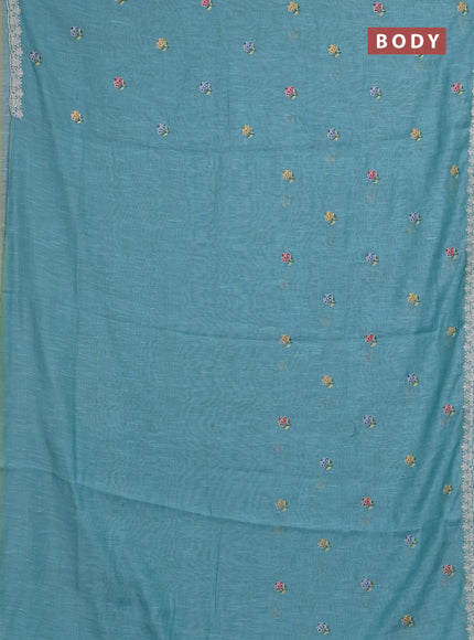Art linen saree teal blue with allover convent embroidery buttas and embroidery border