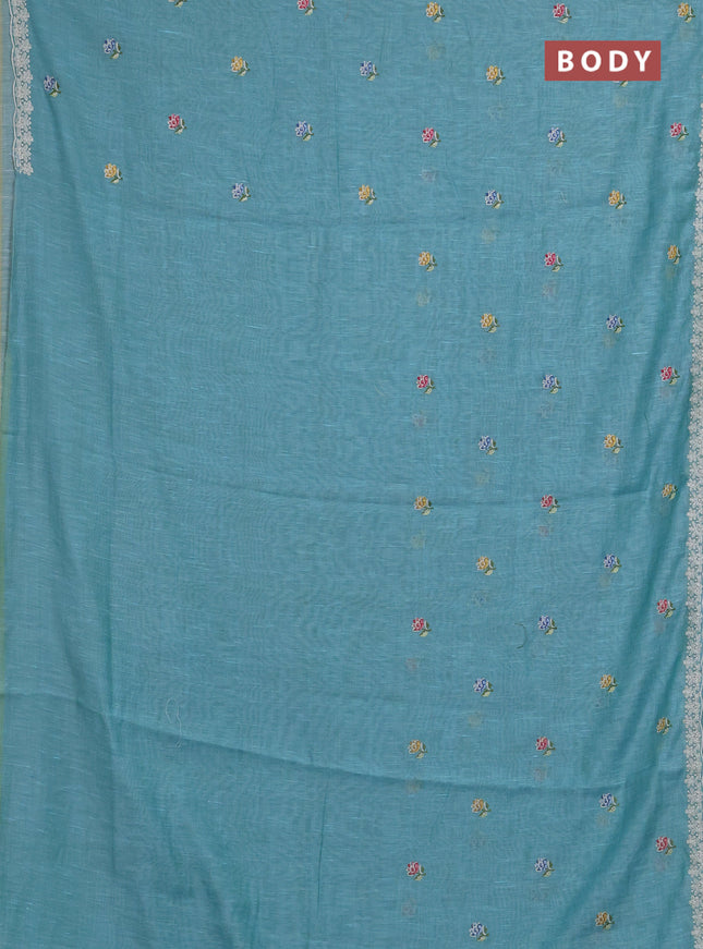 Art linen saree teal blue with allover convent embroidery buttas and embroidery border