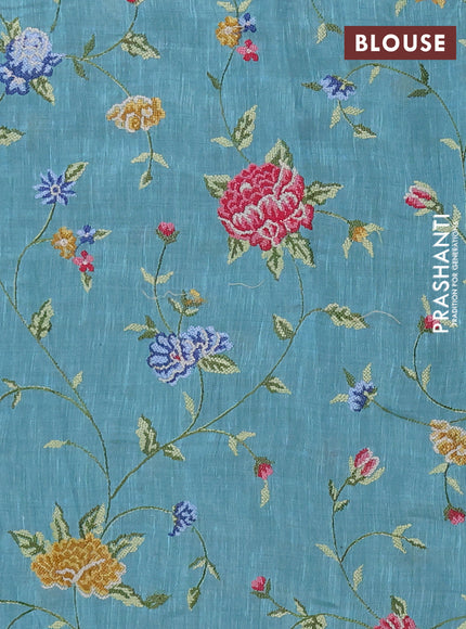 Art linen saree teal blue with allover convent embroidery buttas and embroidery border