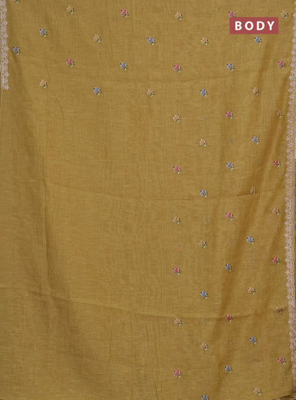 Art linen saree pale yellow with allover convent embroidery buttas and embroidery border