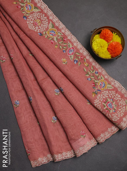 Art linen saree dark peach with allover convent embroidery buttas and embroidery border