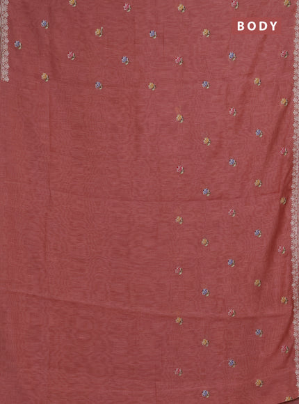 Art linen saree dark peach with allover convent embroidery buttas and embroidery border