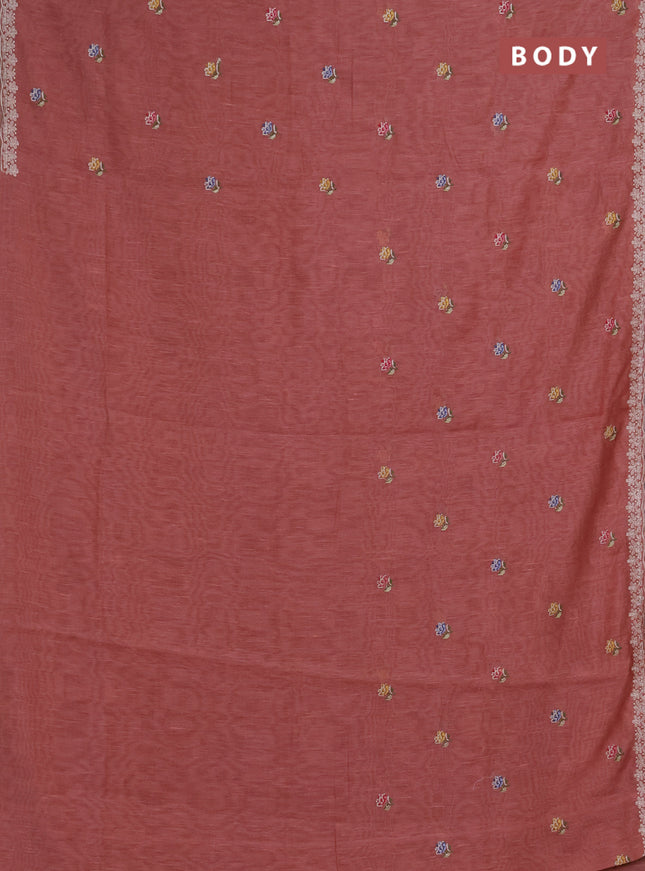 Art linen saree dark peach with allover convent embroidery buttas and embroidery border