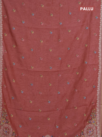 Art linen saree dark peach with allover convent embroidery buttas and embroidery border