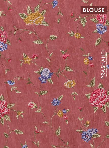 Art linen saree dark peach with allover convent embroidery buttas and embroidery border