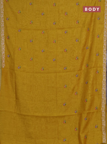 Art linen saree mustard yellow with allover convent embroidery buttas and embroidery border