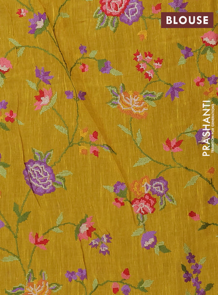Art linen saree mustard yellow with allover convent embroidery buttas and embroidery border