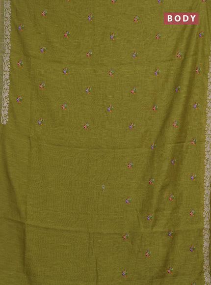 Art linen saree light green with allover convent embroidery buttas and embroidery border