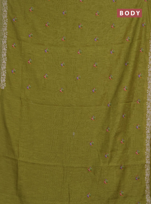 Art linen saree light green with allover convent embroidery buttas and embroidery border