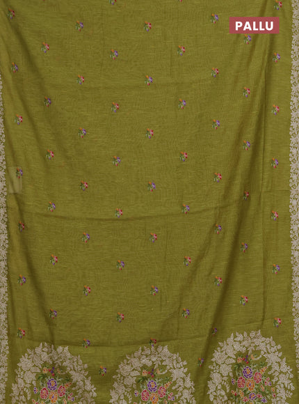 Art linen saree light green with allover convent embroidery buttas and embroidery border