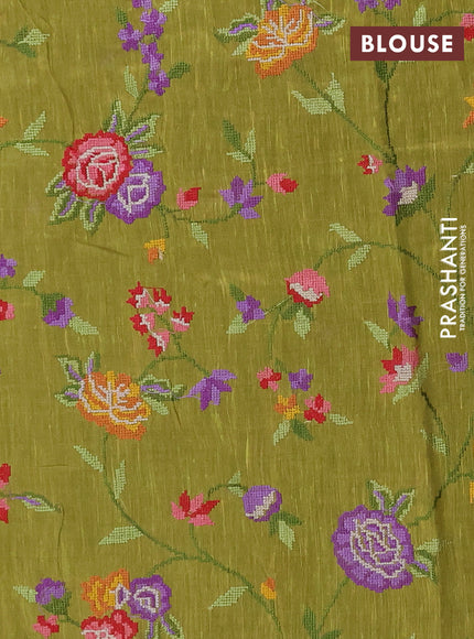 Art linen saree light green with allover convent embroidery buttas and embroidery border