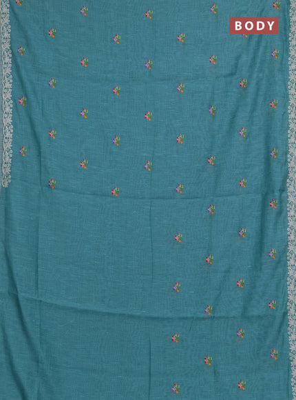 Art linen saree teal blue with allover convent embroidery buttas and embroidery border