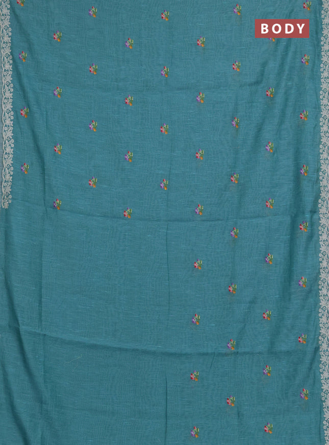 Art linen saree teal blue with allover convent embroidery buttas and embroidery border