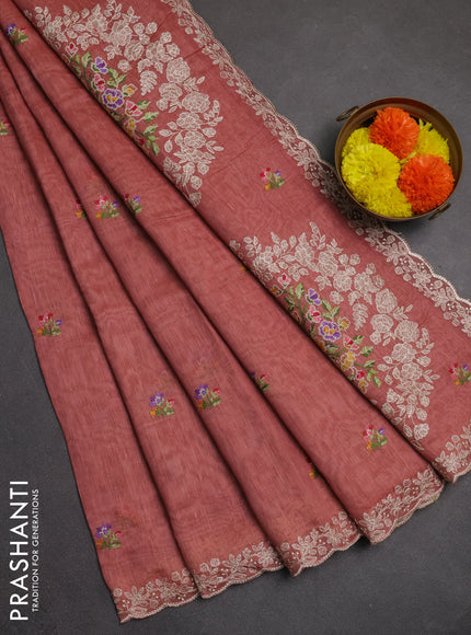 Art linen saree dark peach with allover convent embroidery buttas and embroidery border