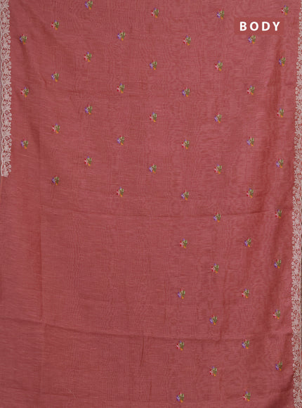 Art linen saree dark peach with allover convent embroidery buttas and embroidery border