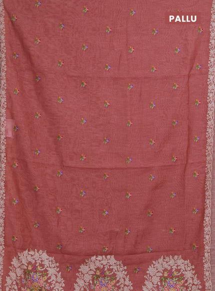 Art linen saree dark peach with allover convent embroidery buttas and embroidery border
