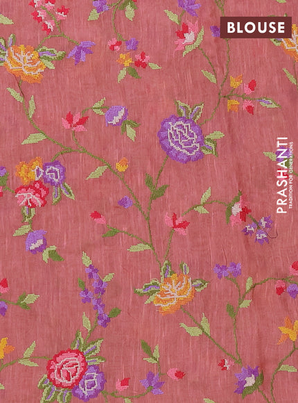Art linen saree dark peach with allover convent embroidery buttas and embroidery border