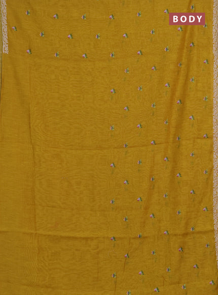 Art linen saree mustard yellow with allover convent embroidery buttas and embroidery border