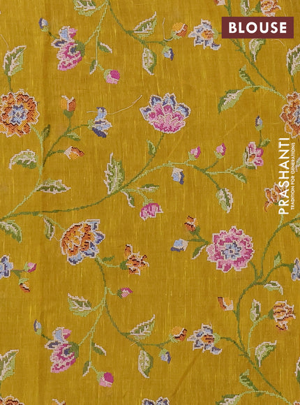 Art linen saree mustard yellow with allover convent embroidery buttas and embroidery border
