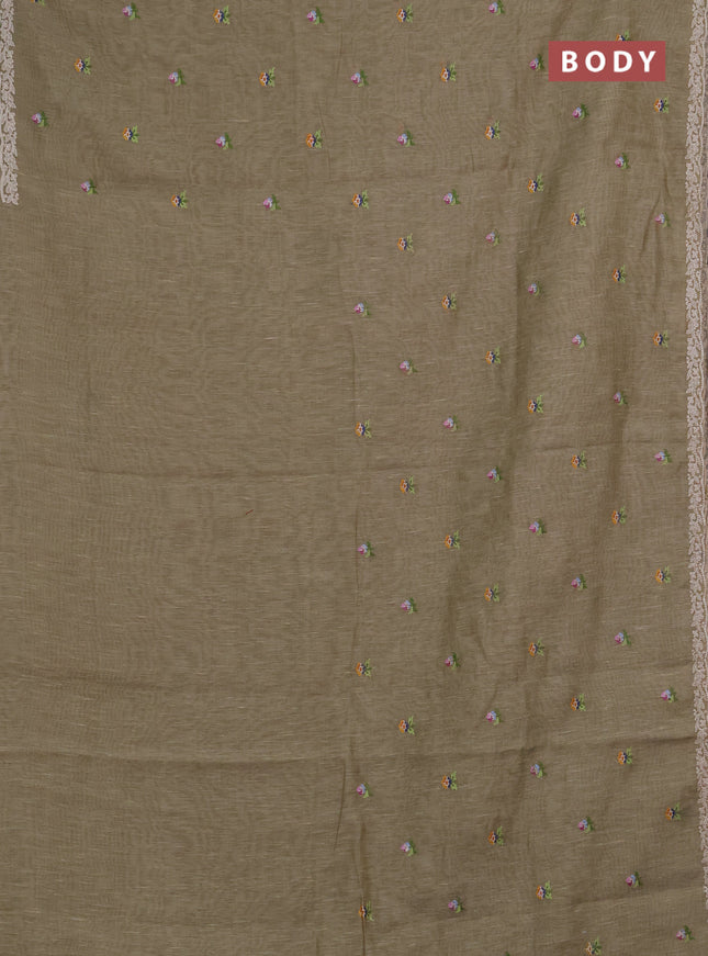 Art linen saree elaichi green with allover convent embroidery buttas and embroidery border