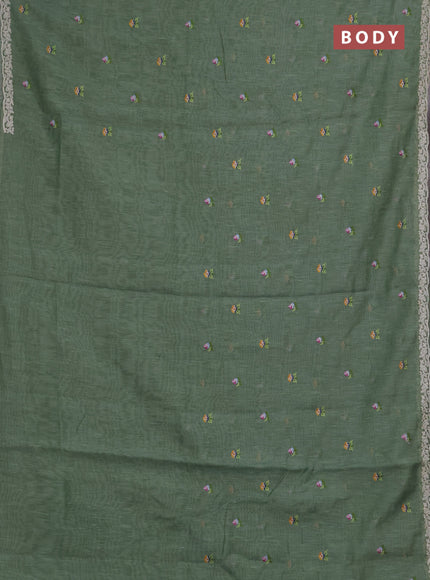 Art linen saree pastel green with allover convent embroidery buttas and embroidery border