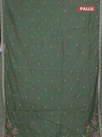 Art linen saree pastel green with allover convent embroidery buttas and embroidery border