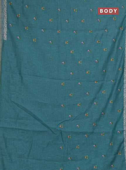 Art linen saree teal blue with allover convent embroidery buttas and embroidery border