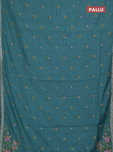 Art linen saree teal blue with allover convent embroidery buttas and embroidery border