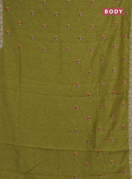 Art linen saree light green with allover convent embroidery buttas and embroidery border