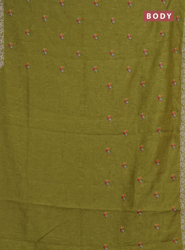 Art linen saree light green with allover convent embroidery buttas and embroidery border