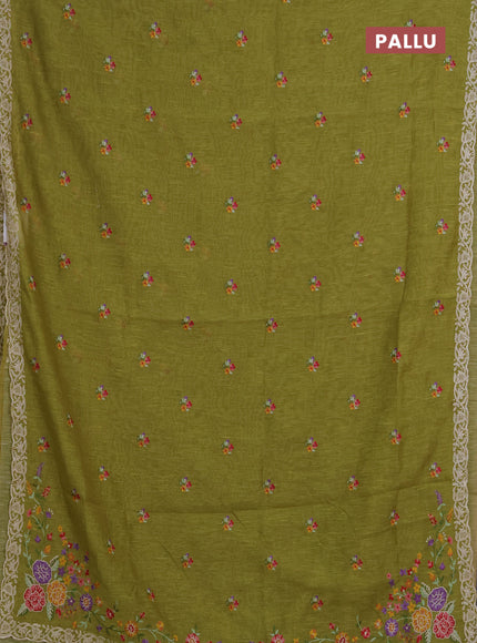Art linen saree light green with allover convent embroidery buttas and embroidery border