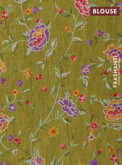 Art linen saree light green with allover convent embroidery buttas and embroidery border