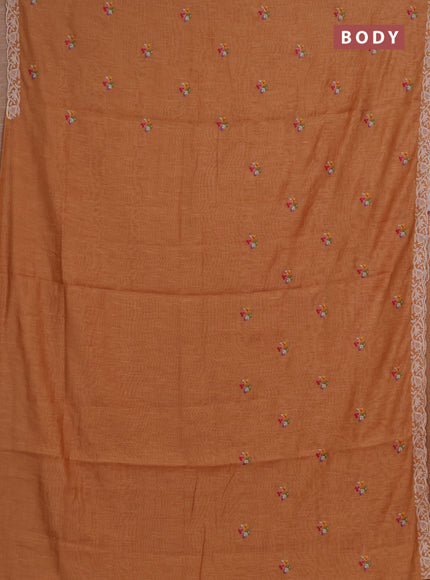 Art linen saree orange shade with allover convent embroidery buttas and embroidery border