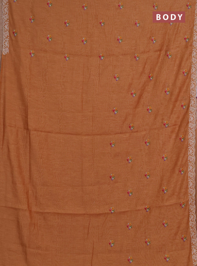 Art linen saree orange shade with allover convent embroidery buttas and embroidery border