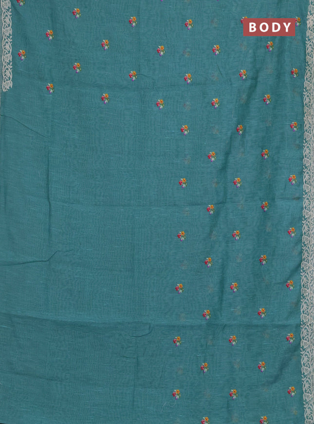 Art linen saree teal blue with allover convent embroidery buttas and embroidery border